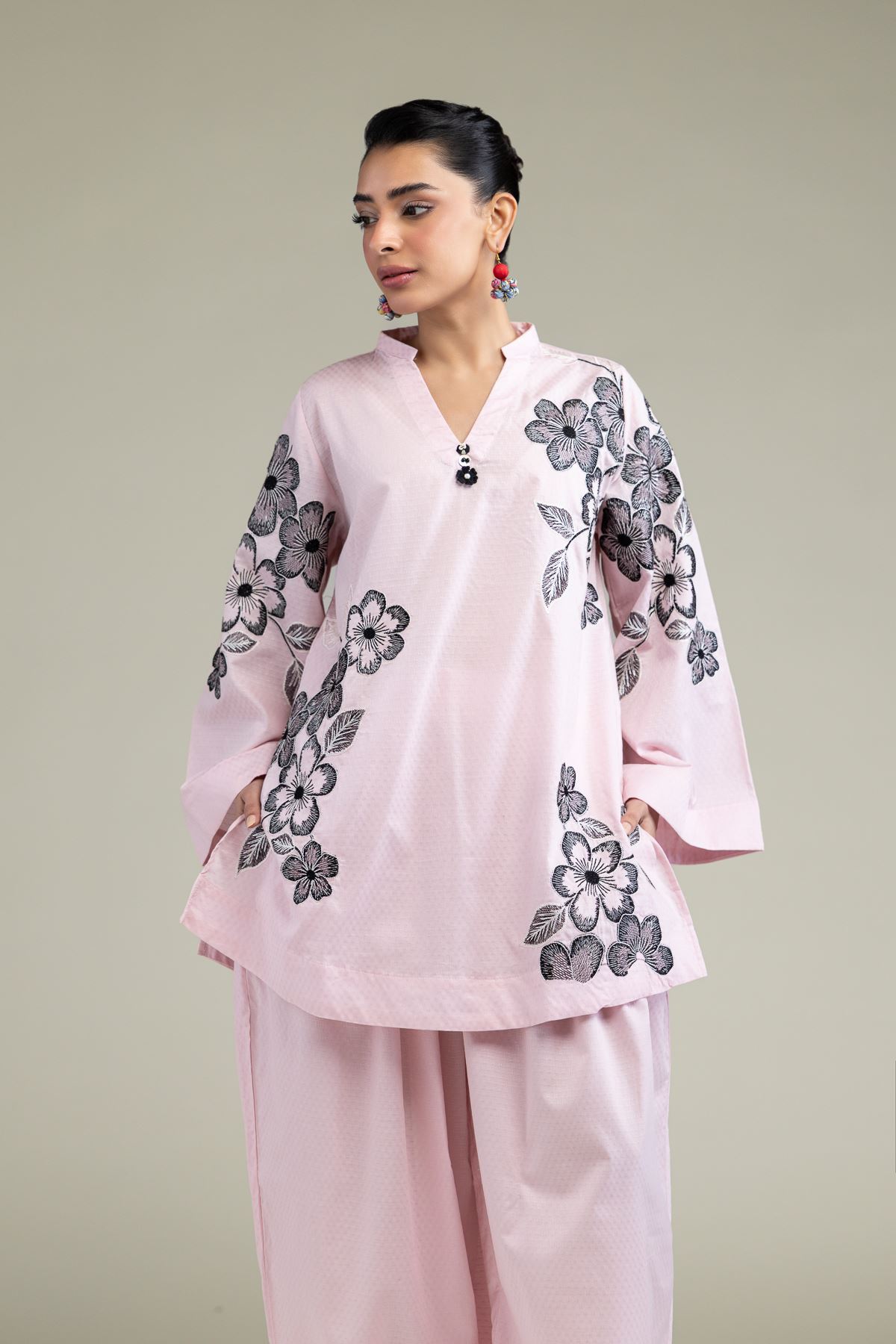 Embroidered Cotton Dobby Floral Pink Kurta - T-A11-26-101FH1-VG