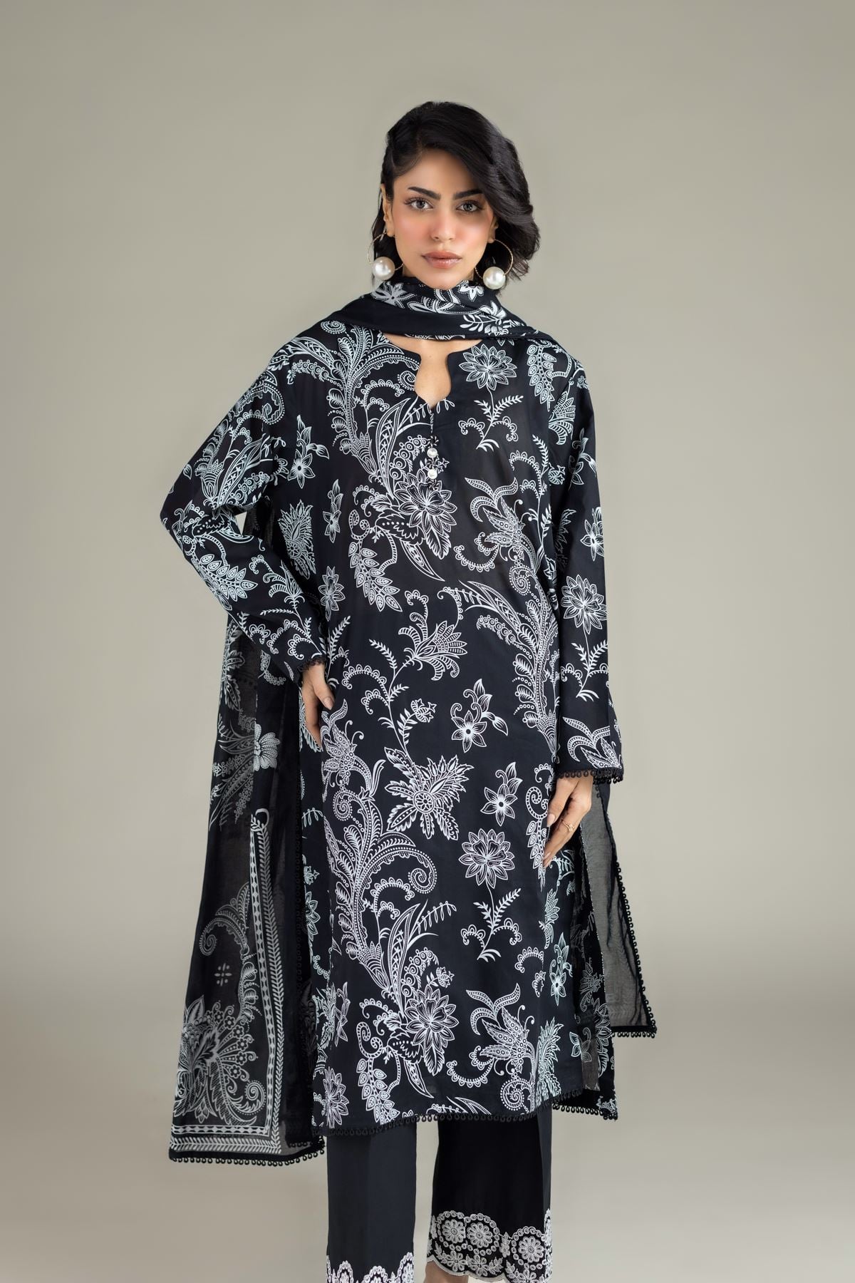 Embroidered Lawn Floral Kurta 3-piece - T-A22-26-109FB1-VG