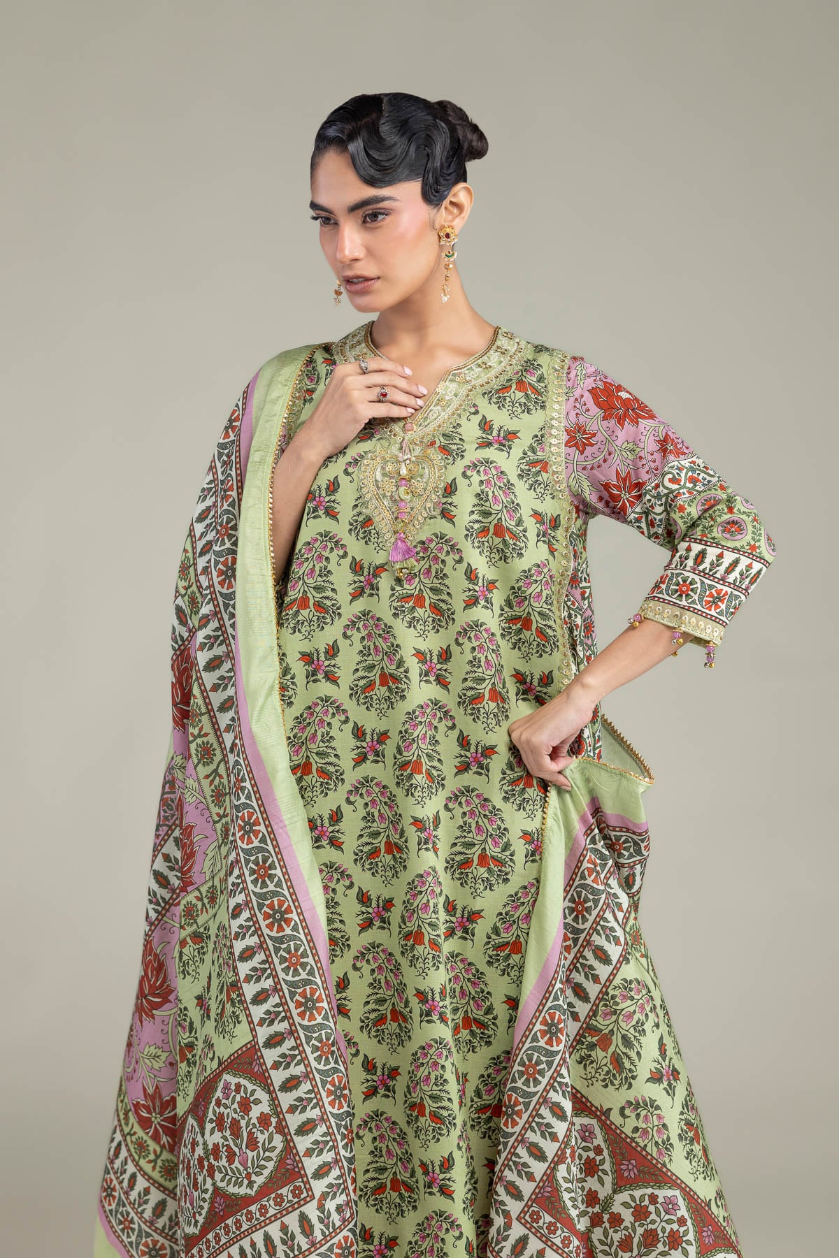 Embroidered Raw Silk Long Green Kurta - 1-26-102-A-F-VG