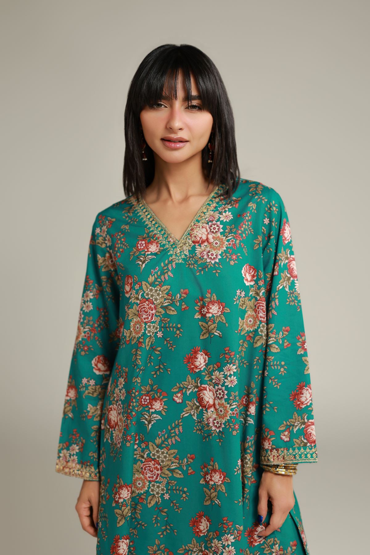 Embroidered Cambric Floral Longline Kurta - 1-26-132-A-E-VG