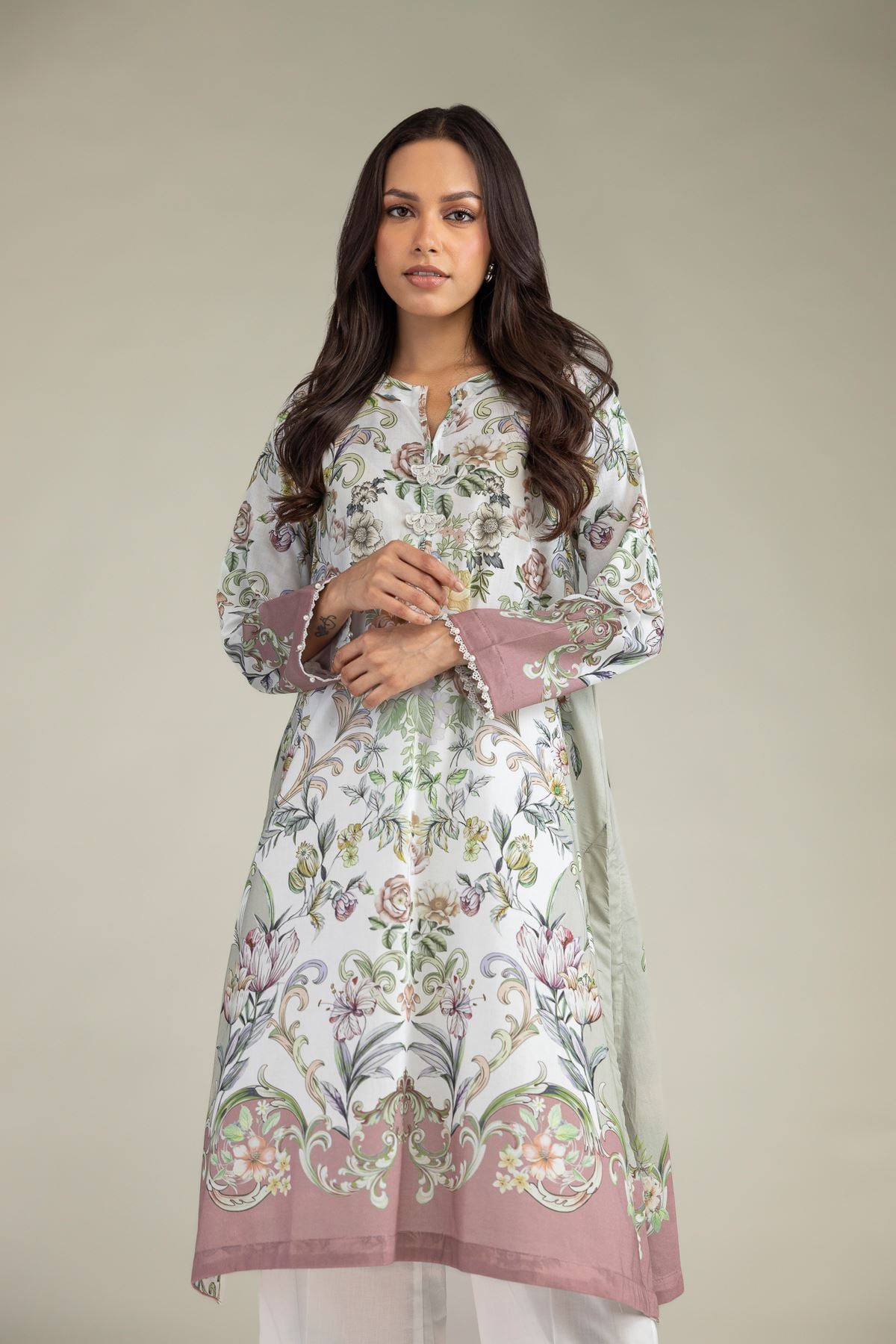 Printed Cambric Floral Longline Kurta - 1-26-243-B-B2-VG