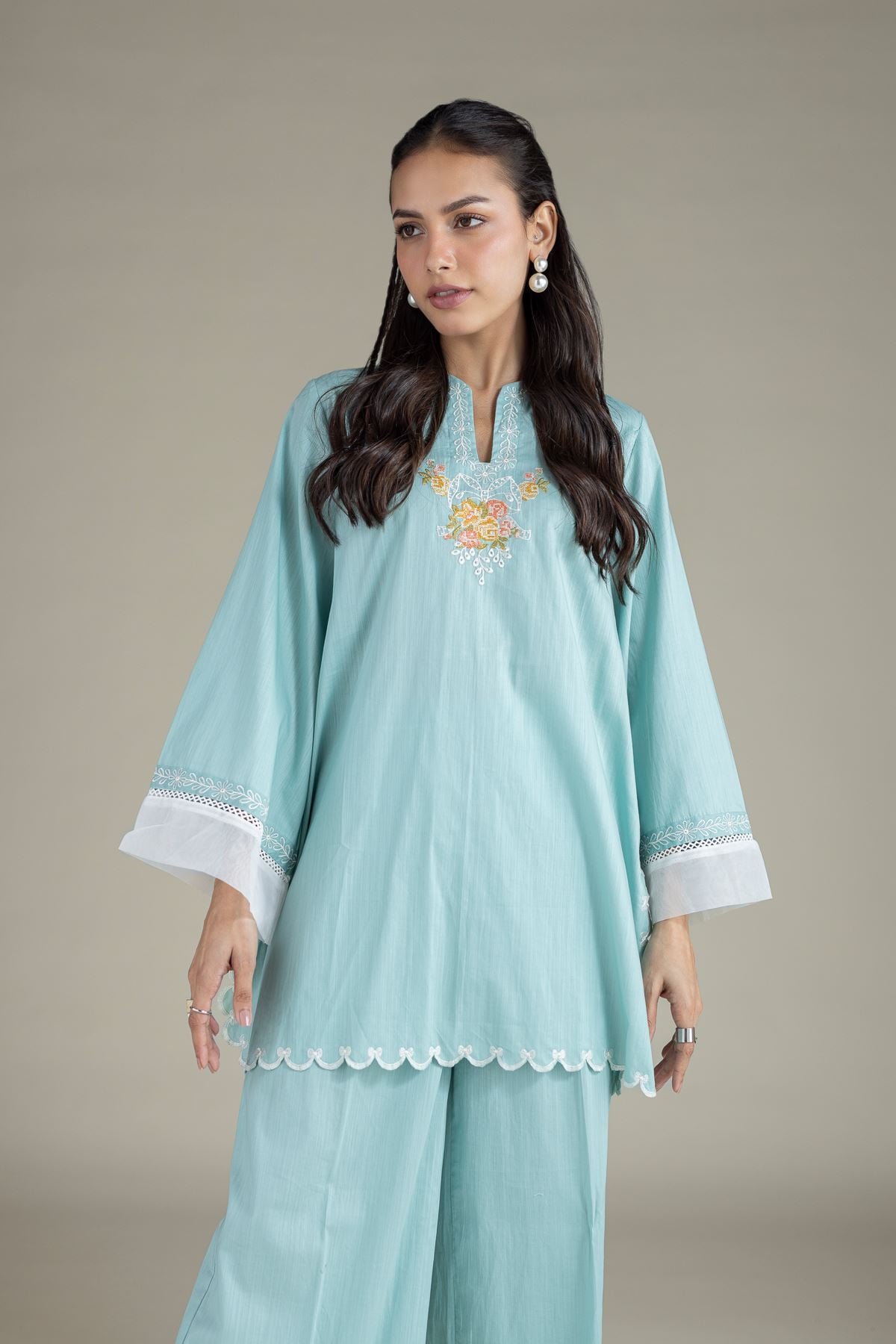Embroidered Textured Cambric Short Floral Kurta - 1-26-108-A-F-VG