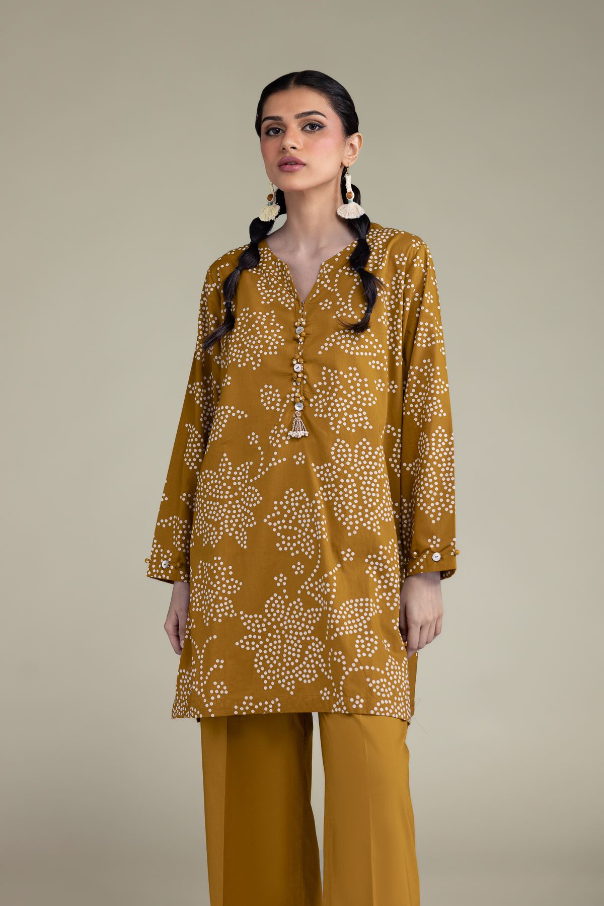 Printed Cambric Floral Mustard Kurta - 2-26-207-A-C1-VG