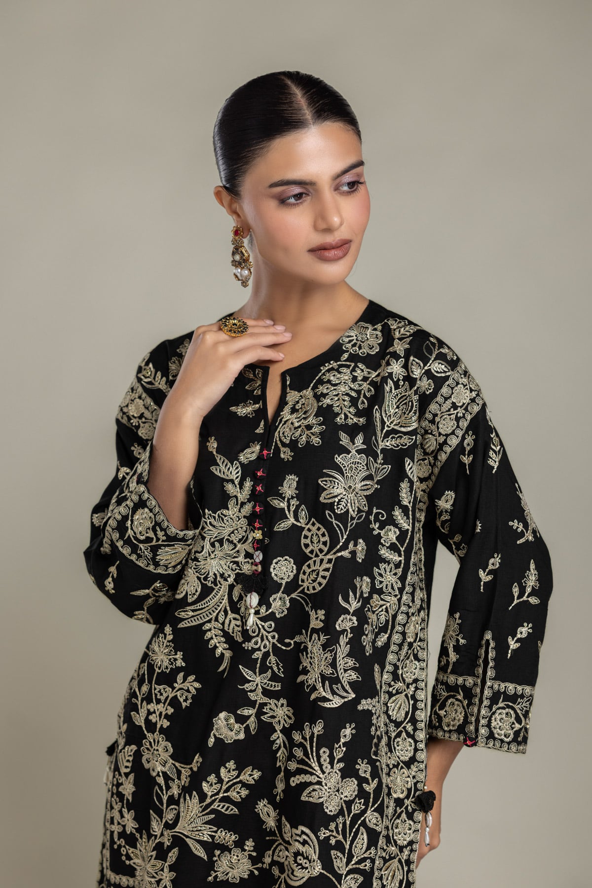 Embroidered Raw Silk Black Floral Kurta - 2-26-202-A-D-VG
