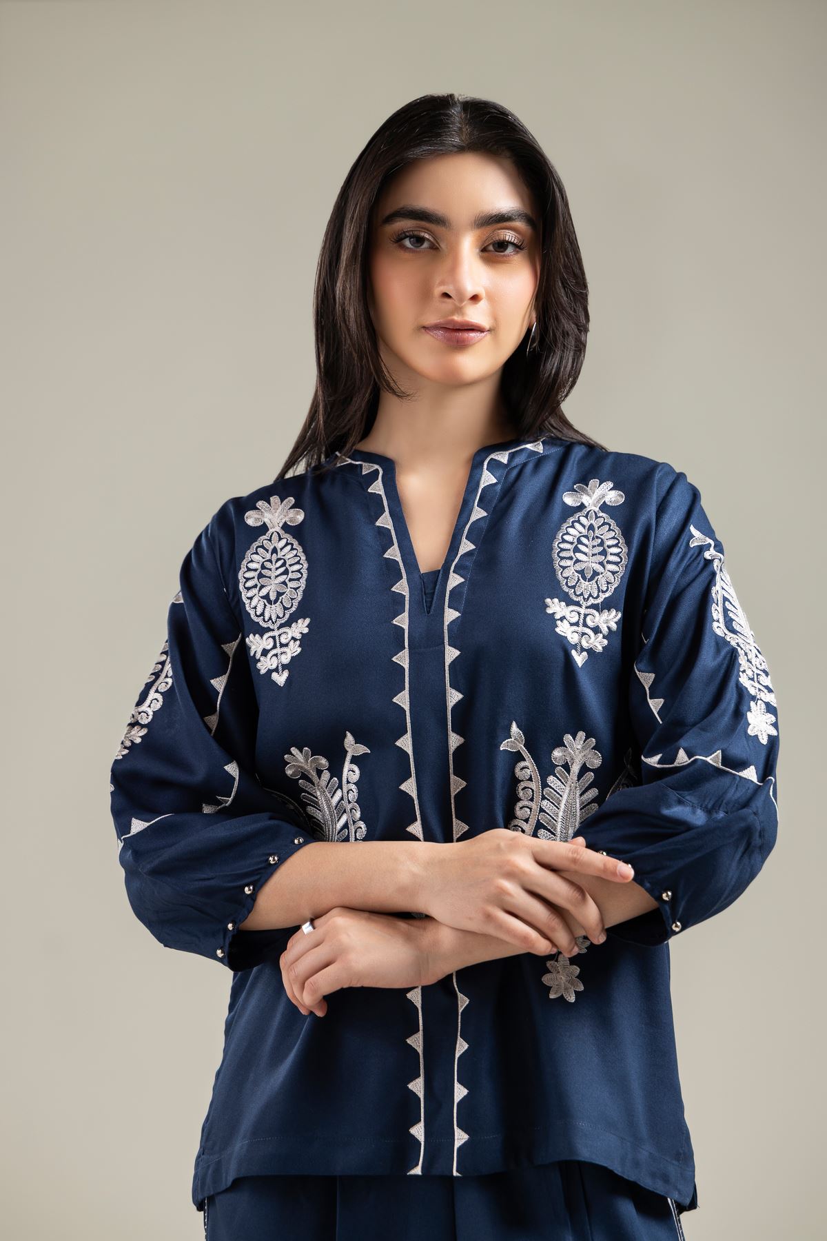 Embroidered Viscose Crepe Embroidered Navy Blouse - 1-26-142-A-D-VG