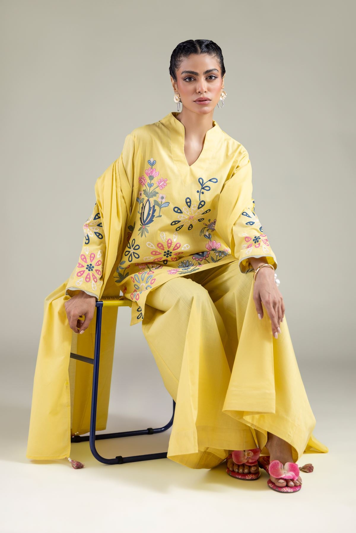 Embroidered Textured Cotton Floral V-Neck Kurta - 1-26-120-A-A-VG