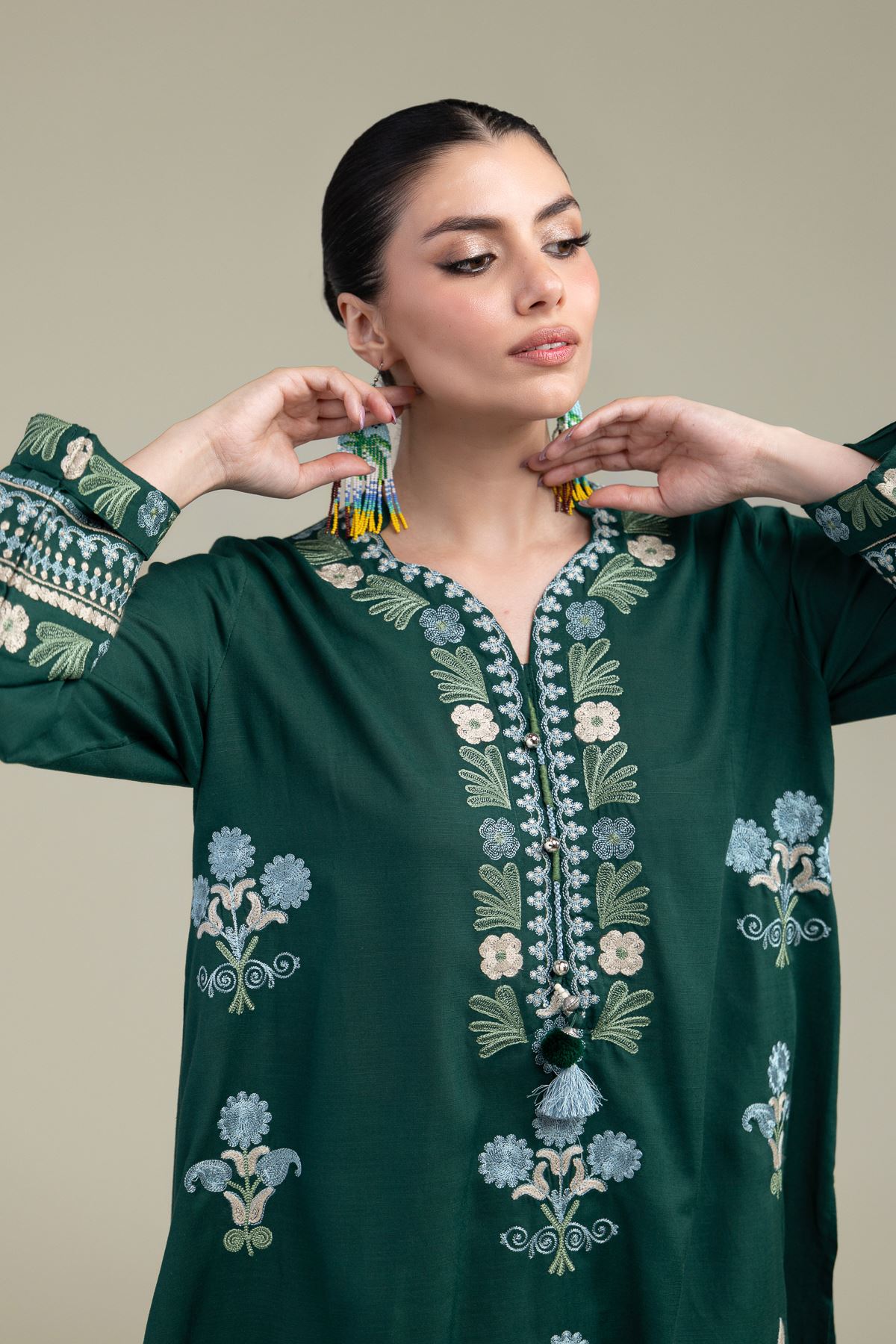 Embroidered Raw Silk Green V-Neck Kurta - 1-26-238-A-J1-VG