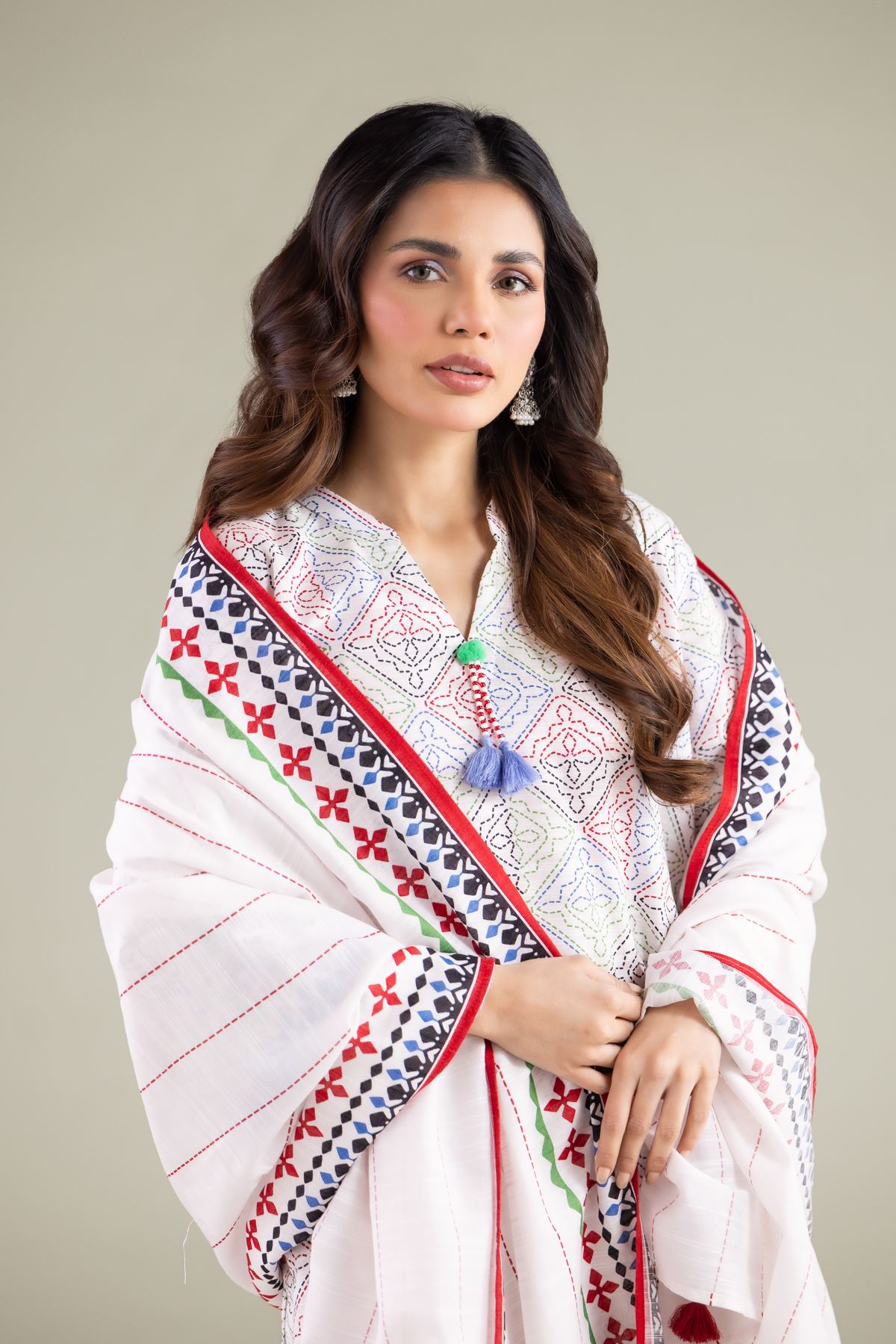 Embroidered Textured Cotton Tassel Dupatta - 1-26-115-C-A-VG