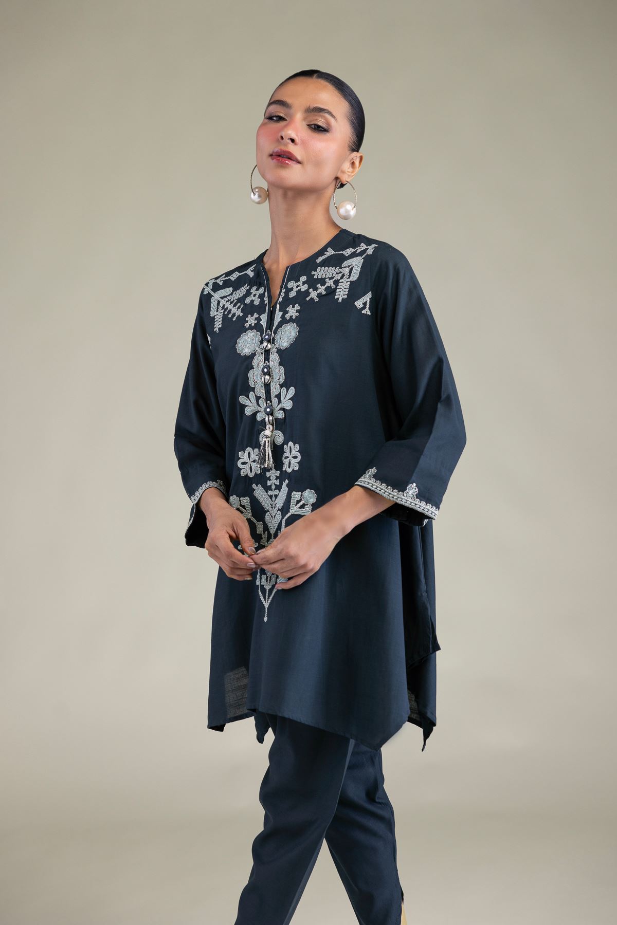 Embroidered Raw Silk Floral Navy Kurta - 8-26-209-A-D1-VG