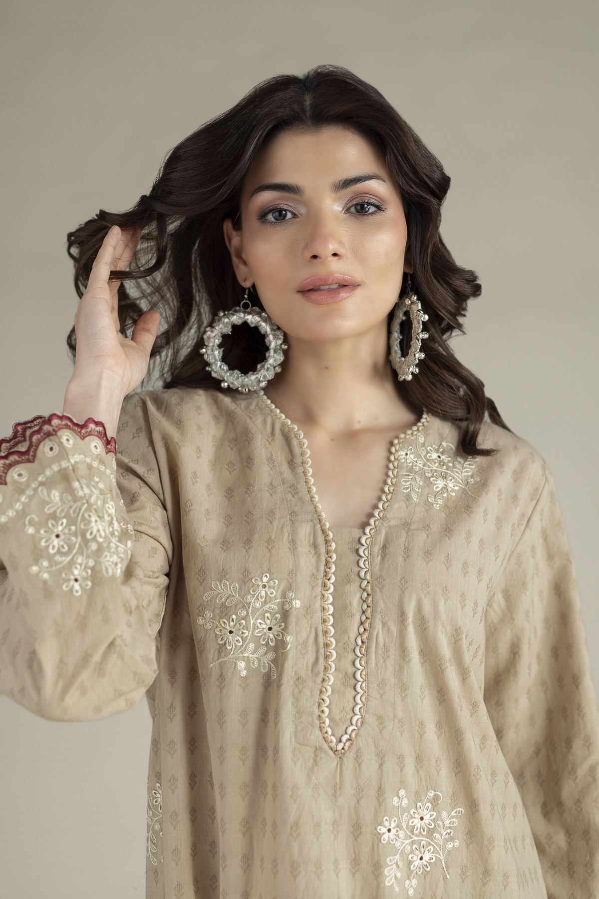 Embroidered Cotton Dobby Beige Tailored Suit - T-A22-26-124FI2-VG