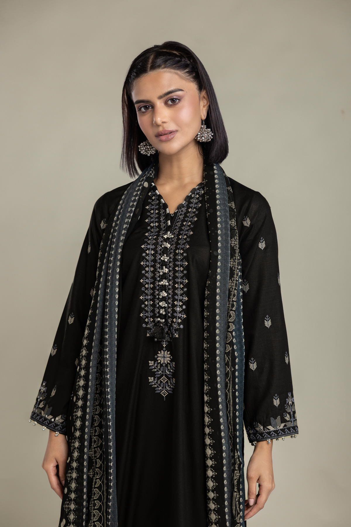 Embroidered Raw Silk Black Tailored 3-Piece - 1-26-408-A-B1-VG