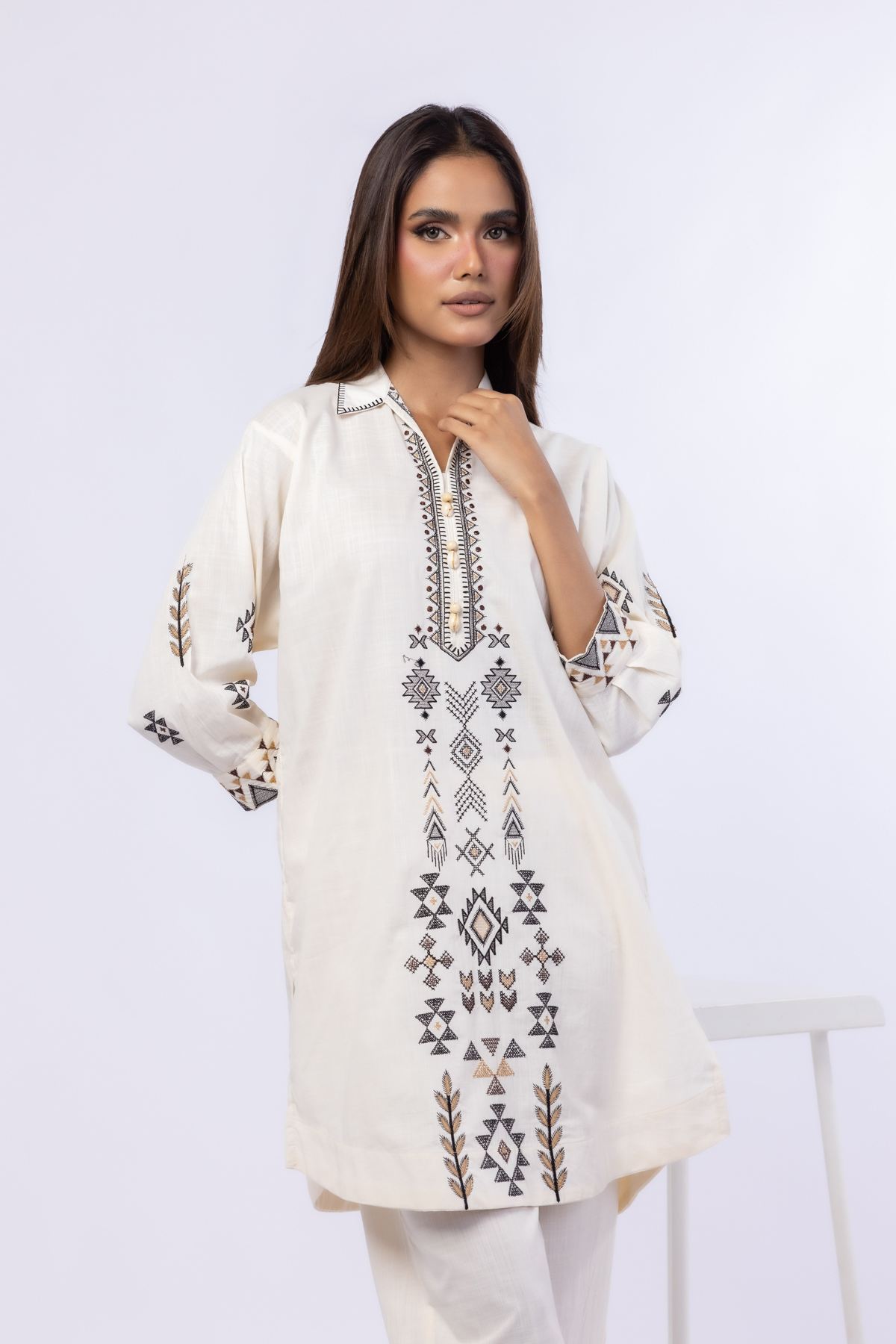 Embroidered Crosshatch Poplin Kurta - 25-04E43-01TB-VG