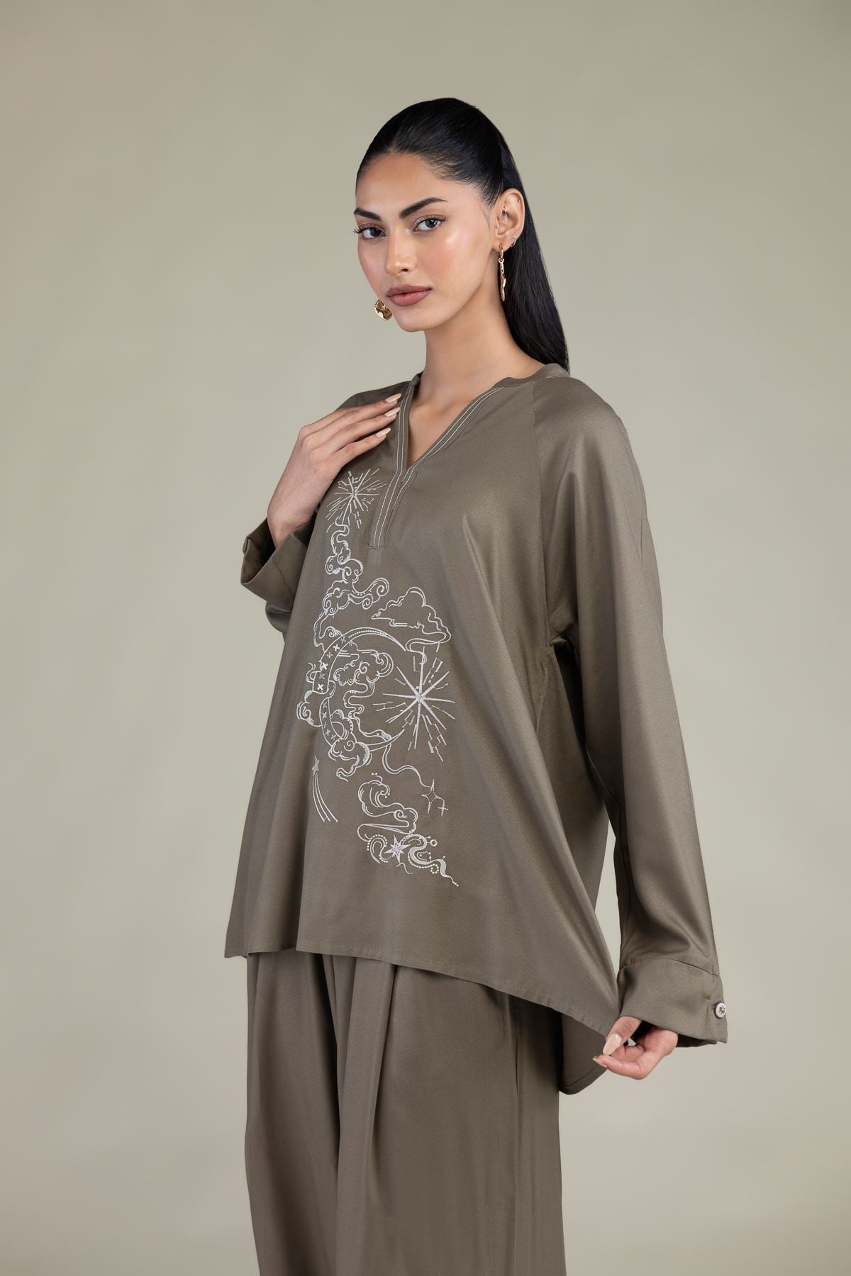 Embroidered Viscose Crepe Olive V-Neck Tunic - 2-26-308-A-B1-VG