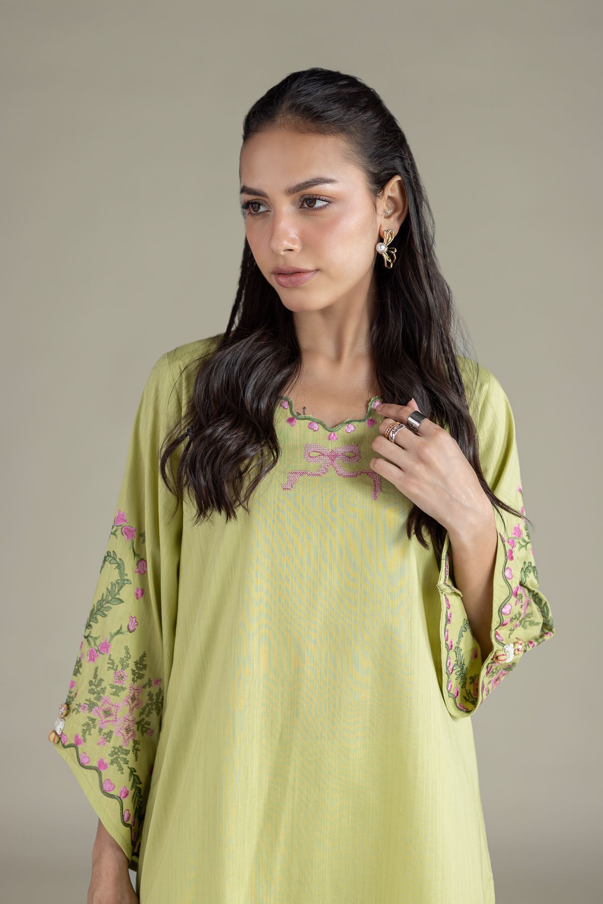 Embroidered Textured Cambric Scalloped Floral Kurta - CA44BST-VG
