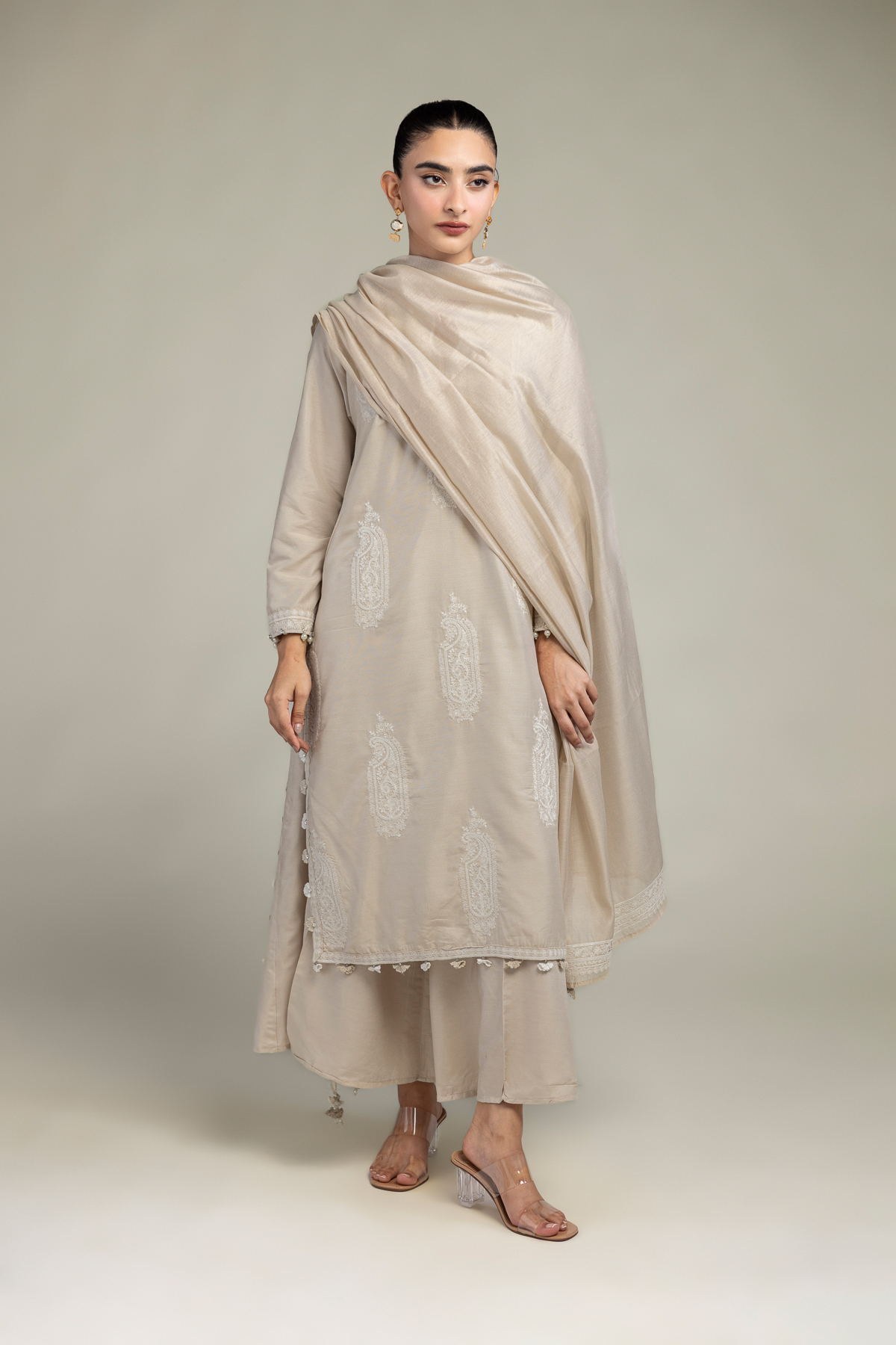 Cotton Net Paisley Beige Dupatta - 2-26-303-C-F1-VG