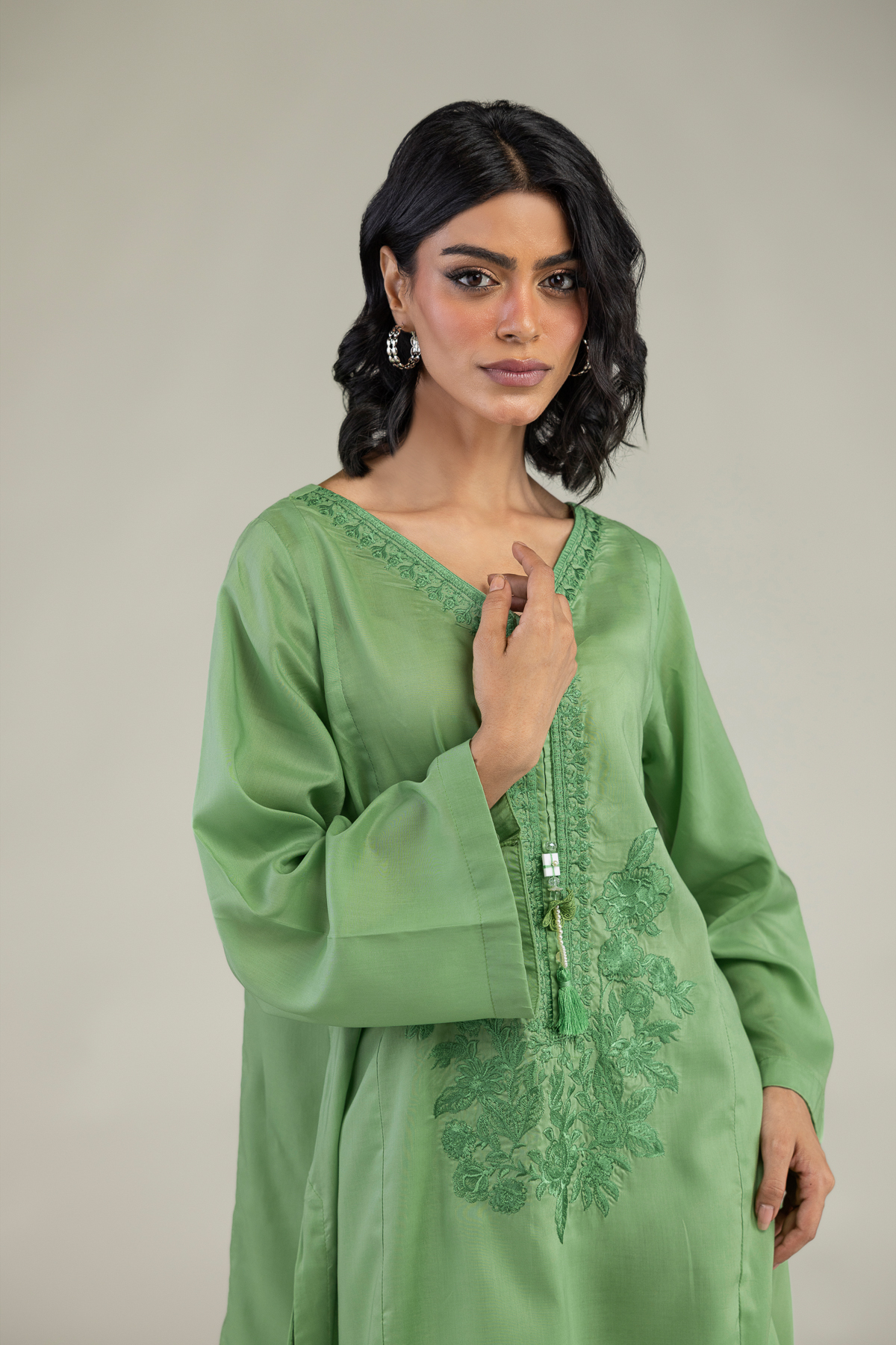 Embroidered Lyocell Green V-Neck Kurta - 8-26-208-A-A1-VG