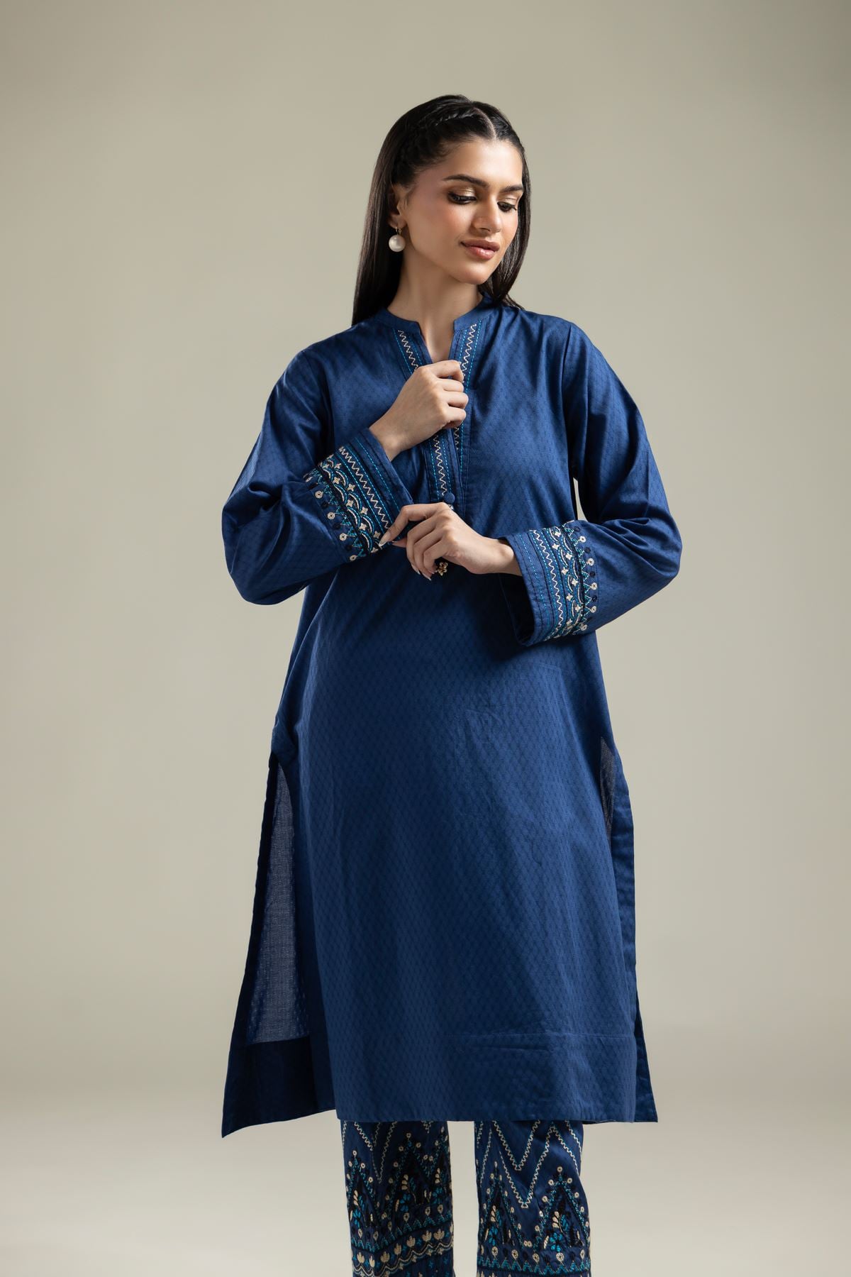 Embroidered Cotton Dobby Blue Longline Kurta - 1-26-204-A-A1-VG