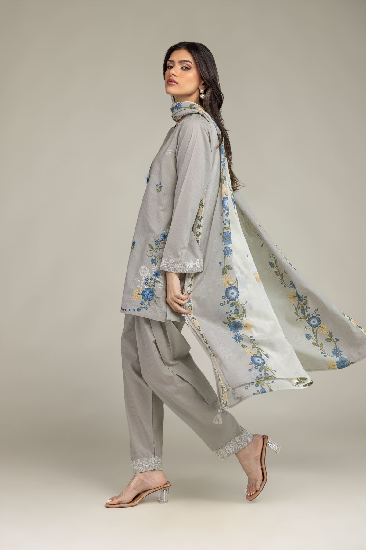 Embroidered Cotton Net Gray Floral Dupatta - 1-26-225-A-C1-VG