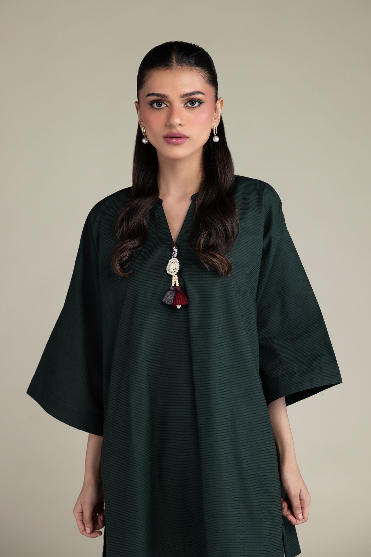 Dyed Textured Cotton Viscose V-Neck Cotton Kurta - 1-26-131-A-B-VG