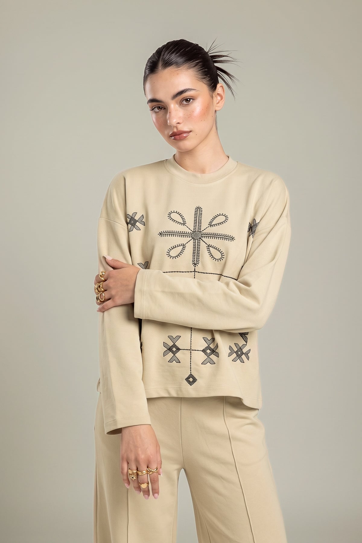 Embroidered Double Jersey Tribal Pullover Sweatshirt - 2-26-202-A-D-VG
