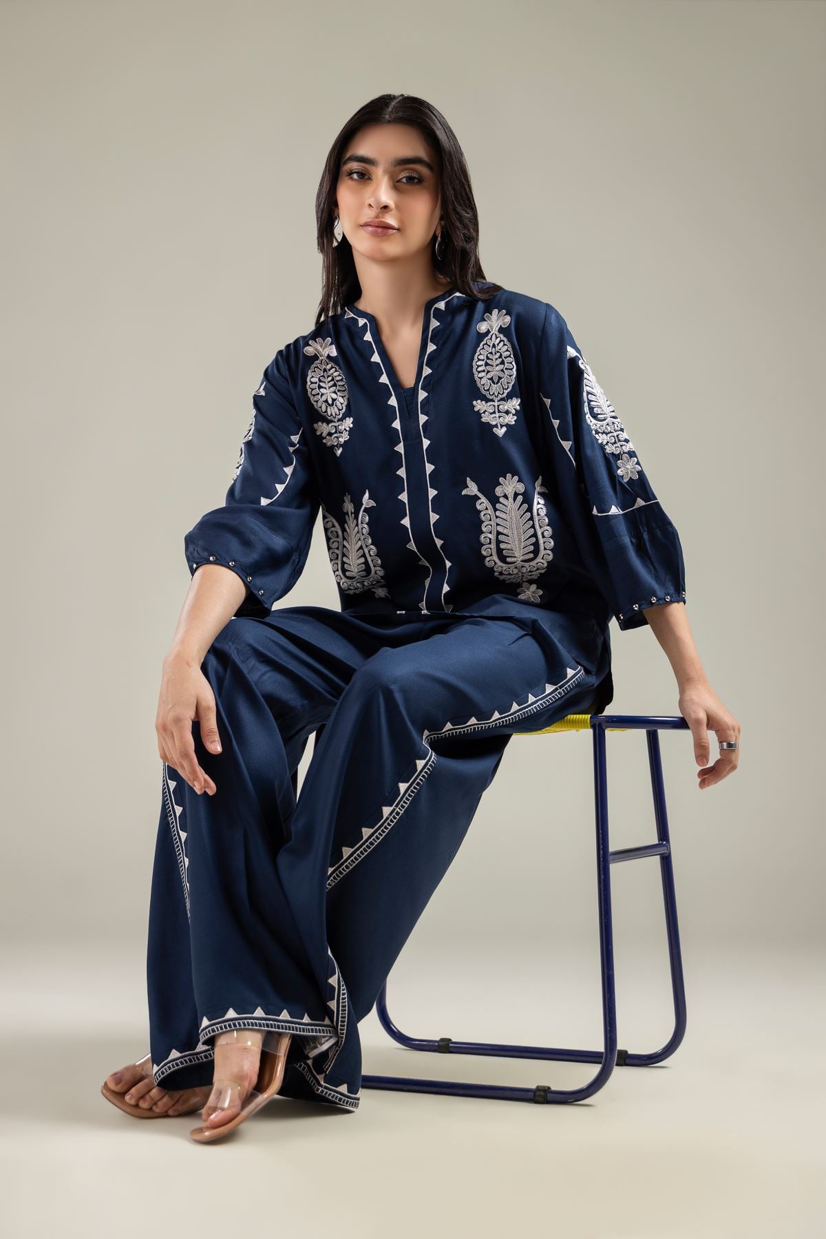 Embroidered Viscose Crepe Embroidered Navy Blouse - 1-26-142-A-D-VG
