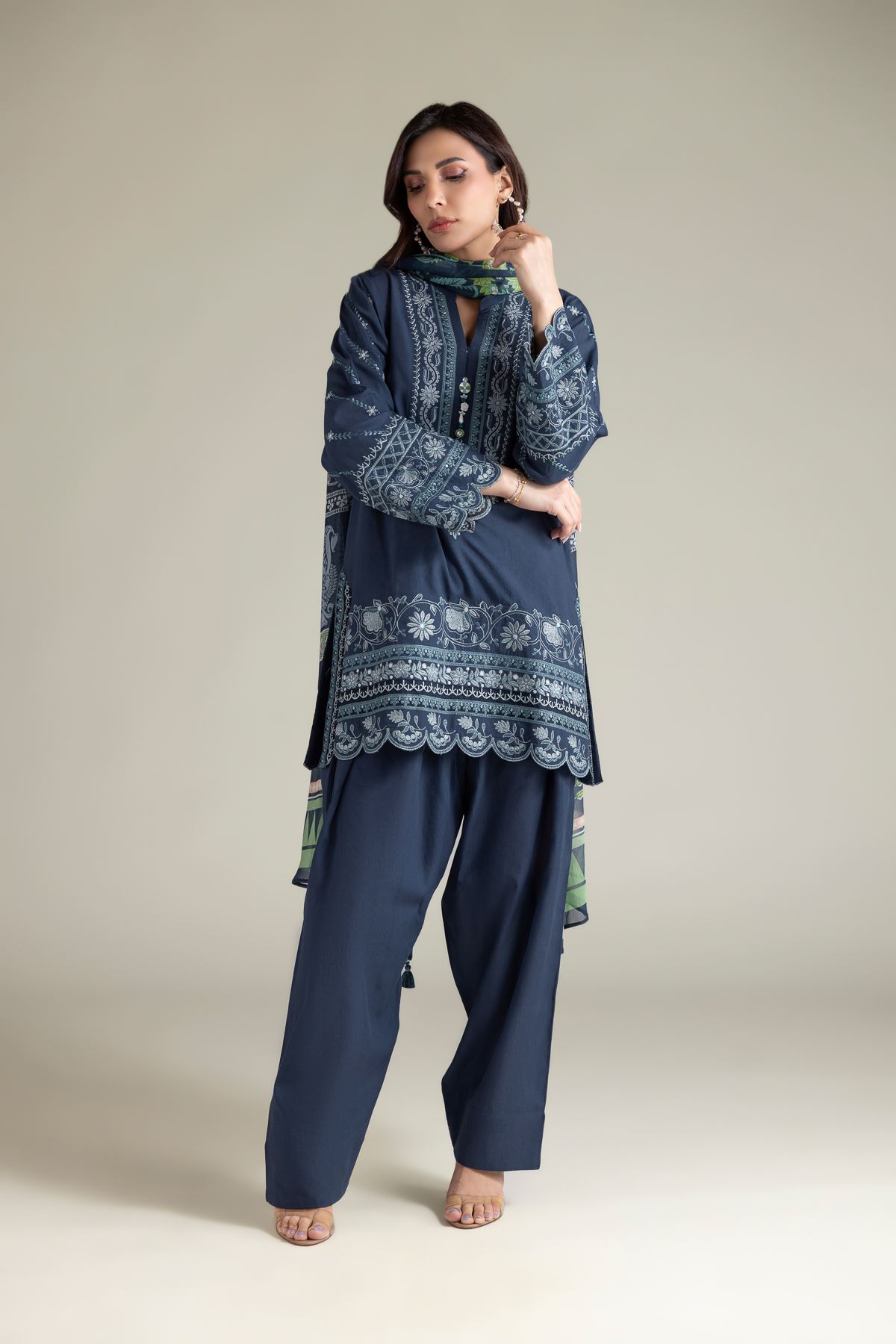 Embroidered Textured Cotton Tailored 3 Piece - T-A22-26-207FA2-VG