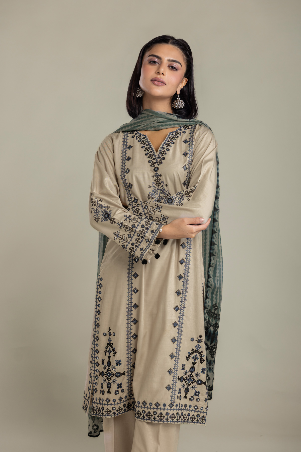 Embroidered Raw Silk 3 Piece Tailored - 1-26-408-A-B1-VG