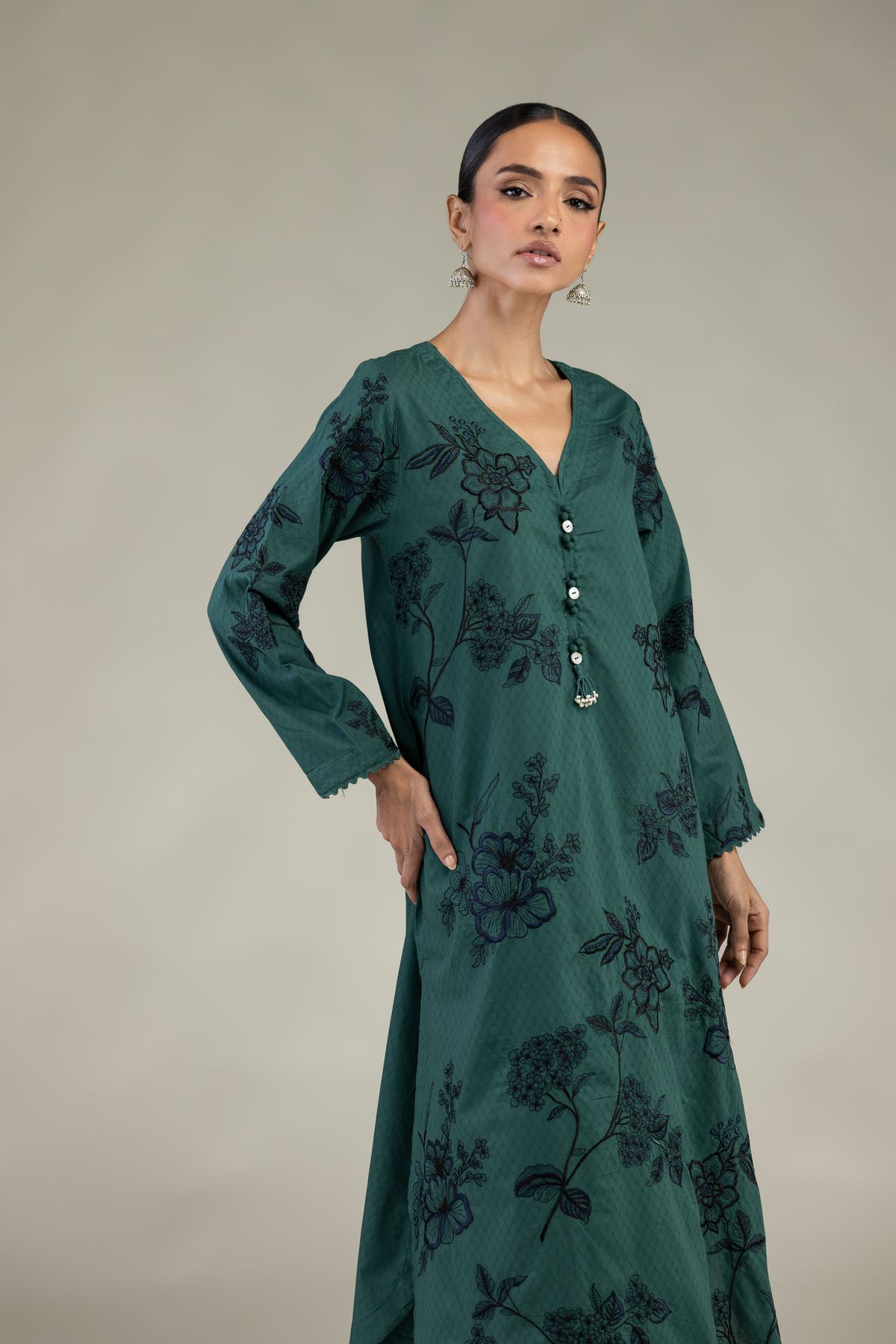 Embroidered Cotton Dobby Green Longline Kurta - 1-26-226-A-B1-VG
