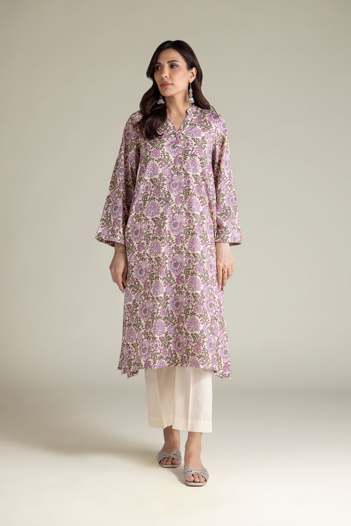 Embroidered Cambric Beige V-Neck Kurta - T-A112-26-108EC2-VG