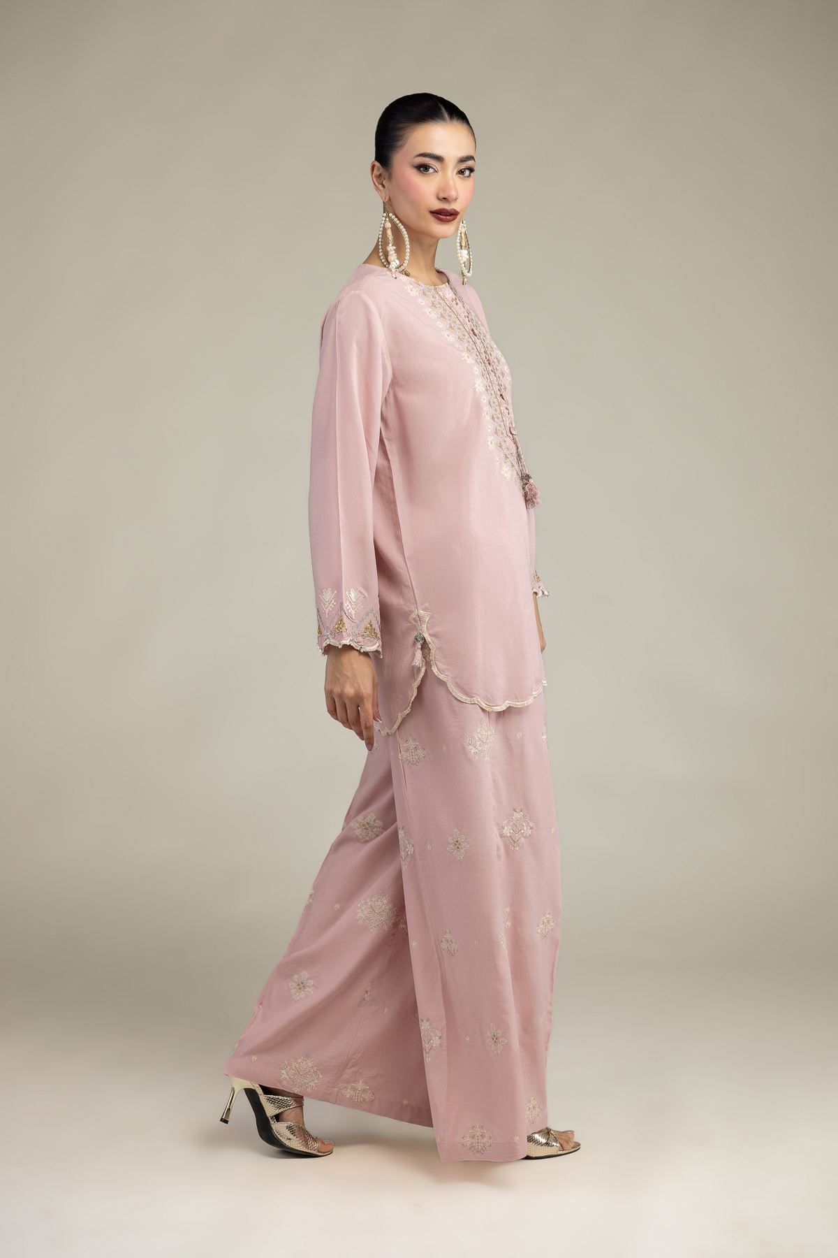 Embroidered Raw Silk Floral Pink Pants - 2-26-212-A-D1-VG
