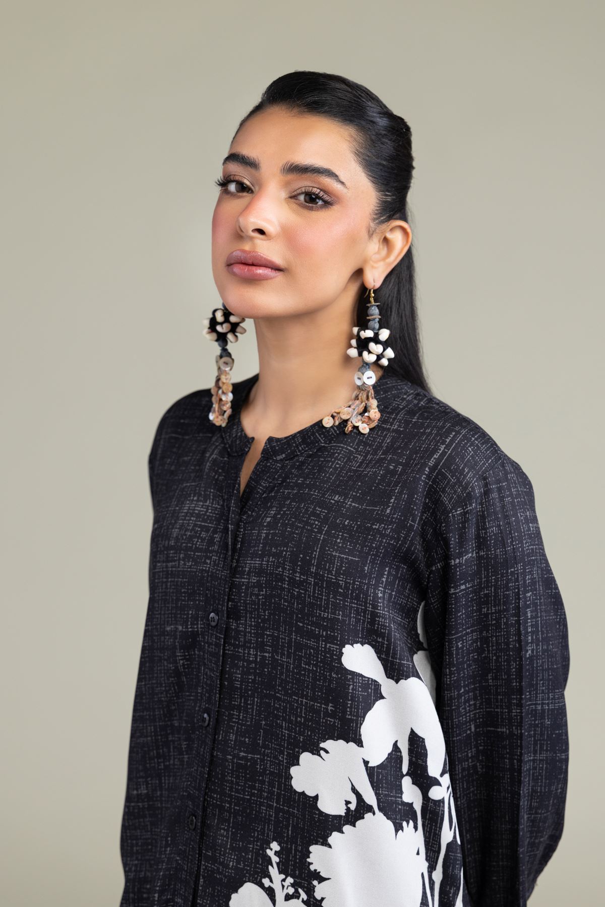 Printed Viscose Crepe Black Viscose Shirt - 25-09-12E2-03TA-VG