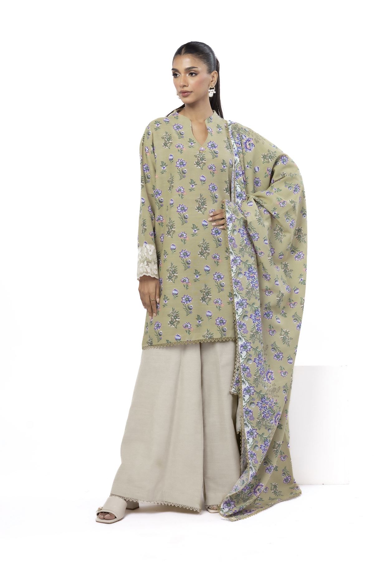 Embroidered Slub Cotton Tailored 3 Piece - KN31AST-VG
