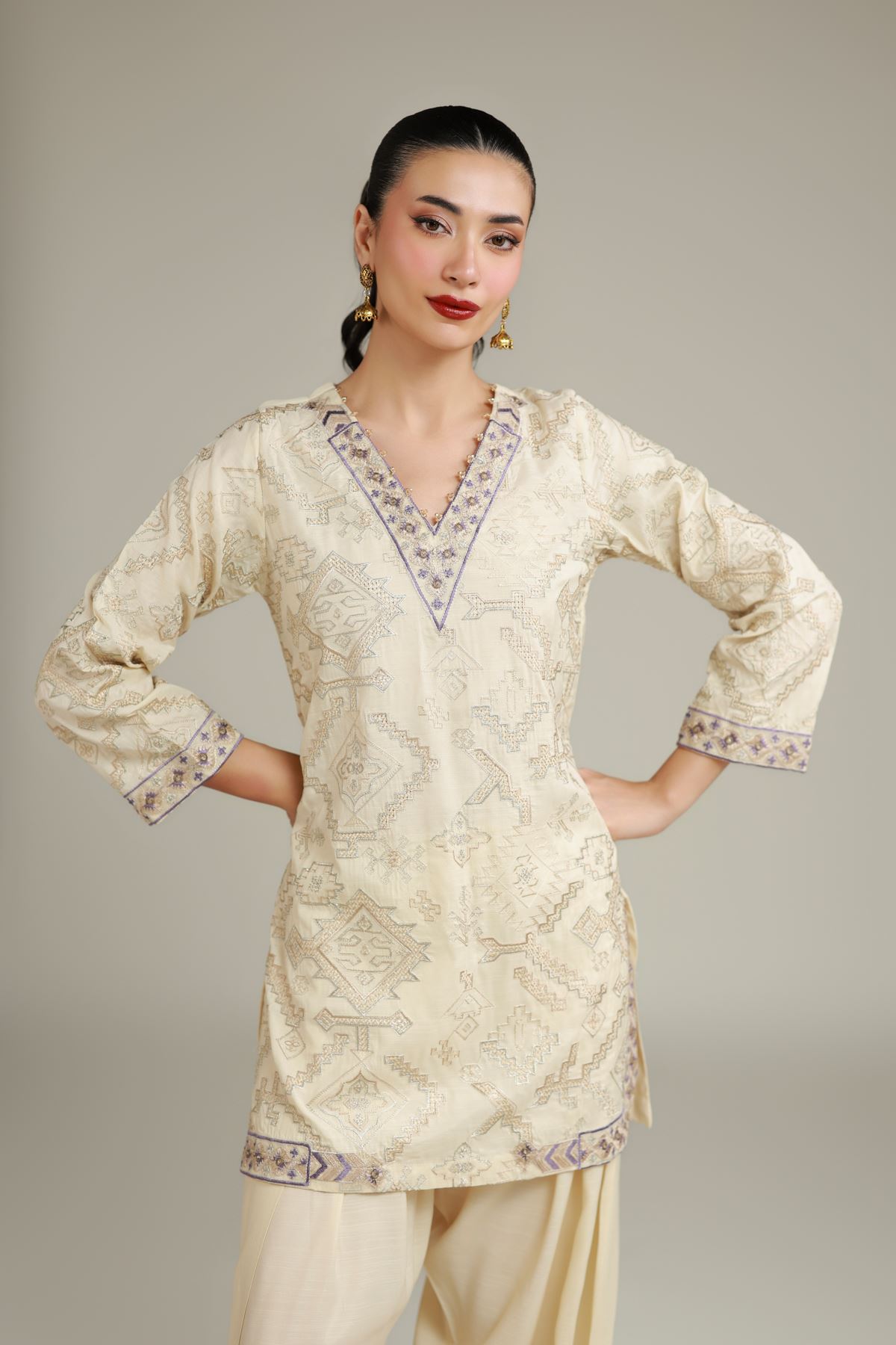 Embroidered Raw Silk Geometric Silk Kurta - 1-26-108-A-F-VG