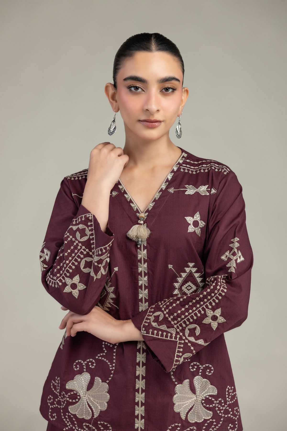 Embroidered Textured Cotton V-Neck Geometric Blouse - 6-26-204-A-D2-VG