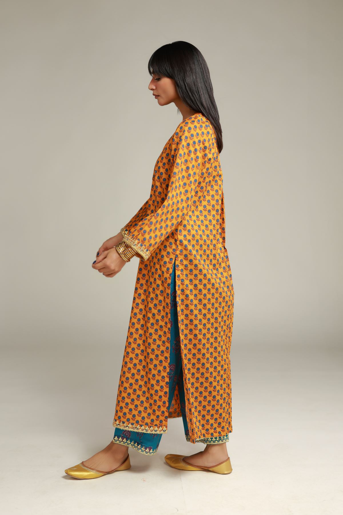 Embroidered Cambric Teal Floral Pants - 1-26-138-A-A-VG