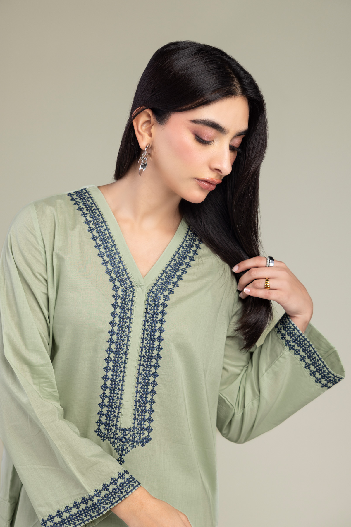 Embroidered Cambric Long Mint Kurta - 1-26-102-A-F-VG