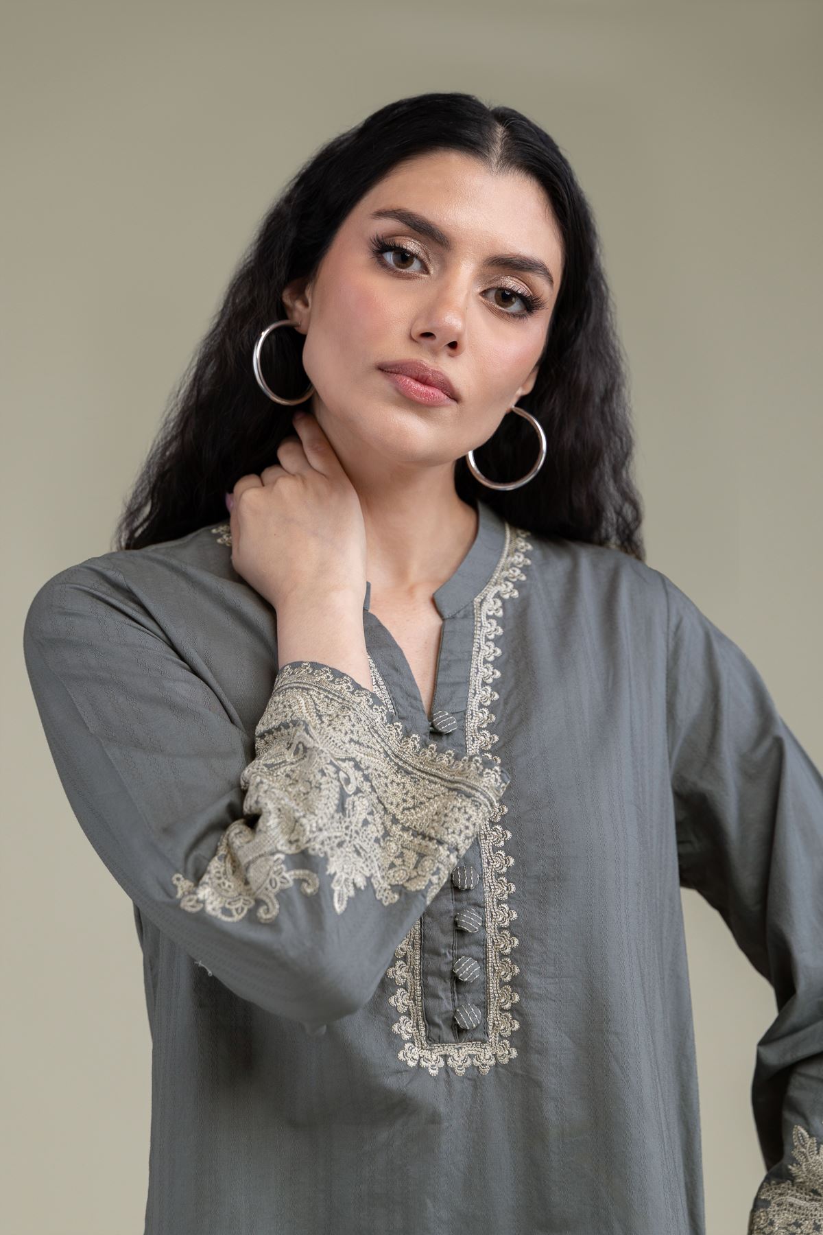 Embroidered Cotton Dobby Gray Cotton Kurta - 1-26-209-A-F1-VG