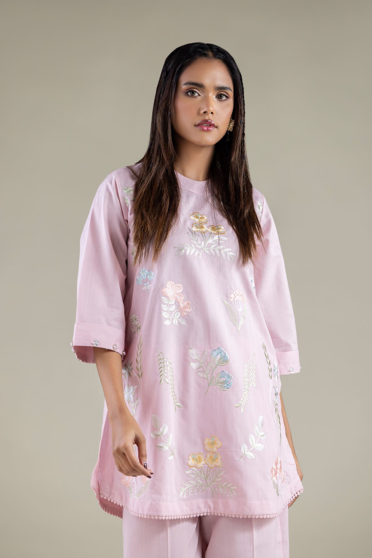 Embroidered Cotton Dobby Floral Threadwork Kurta - 25-00-X2-08TB-VG