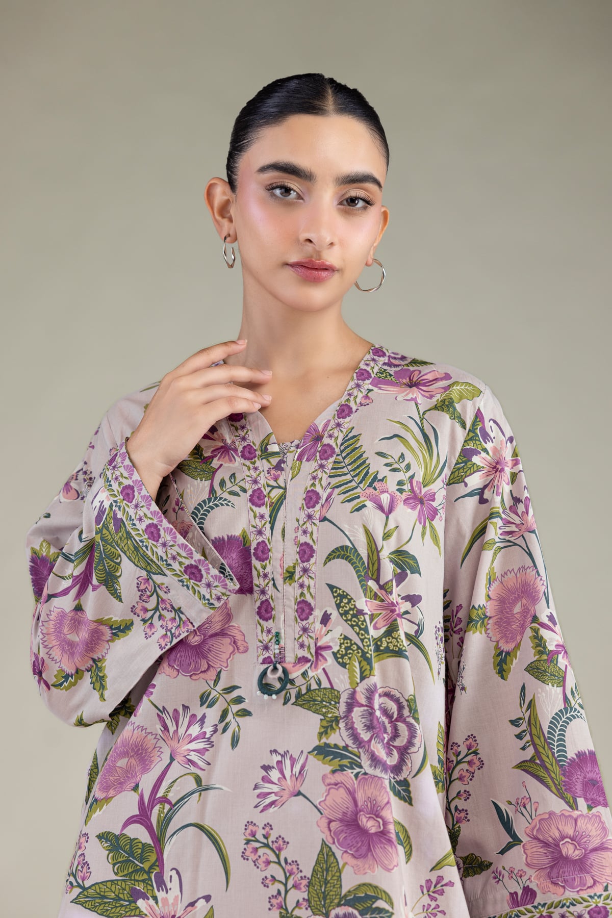 Printed Cambric Floral V-Neck Kurta - 1-26-239-A-G1-VG