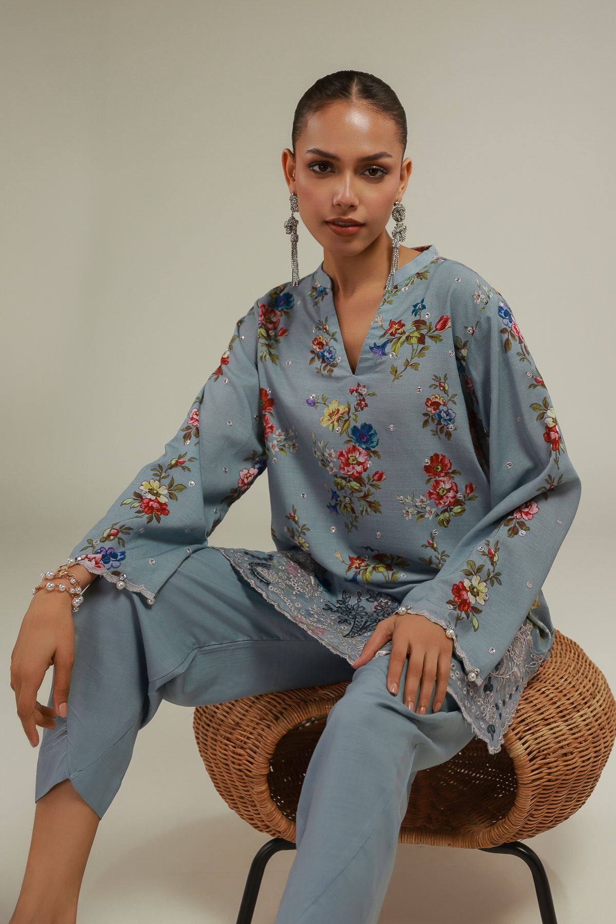Embroidered Raw Silk Floral Lace Kurta - 1-26-108-A-F-VG