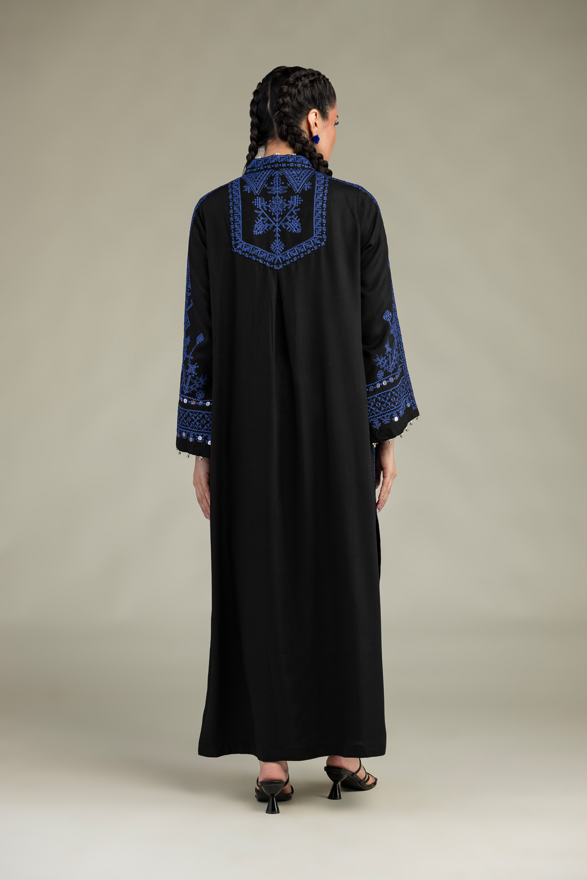 Embroidered Raw Silk V-Neck Longline Kurta - 1-26-322-B-A1-VG