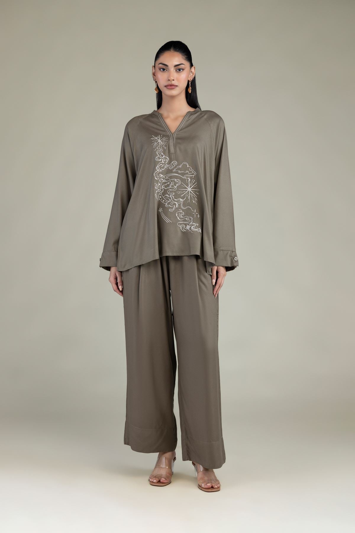 Embroidered Viscose Crepe Solid Olive Trousers - 8-26-303-A-C1-VG