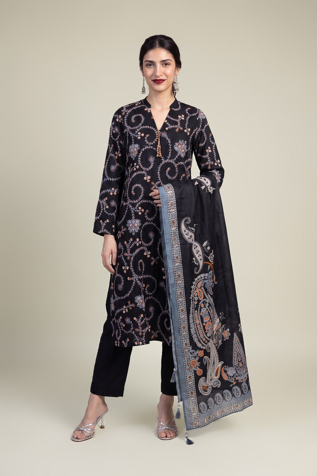 Embroidered Raw Silk Black Solid Pants - 1-26-102-A-F-VG