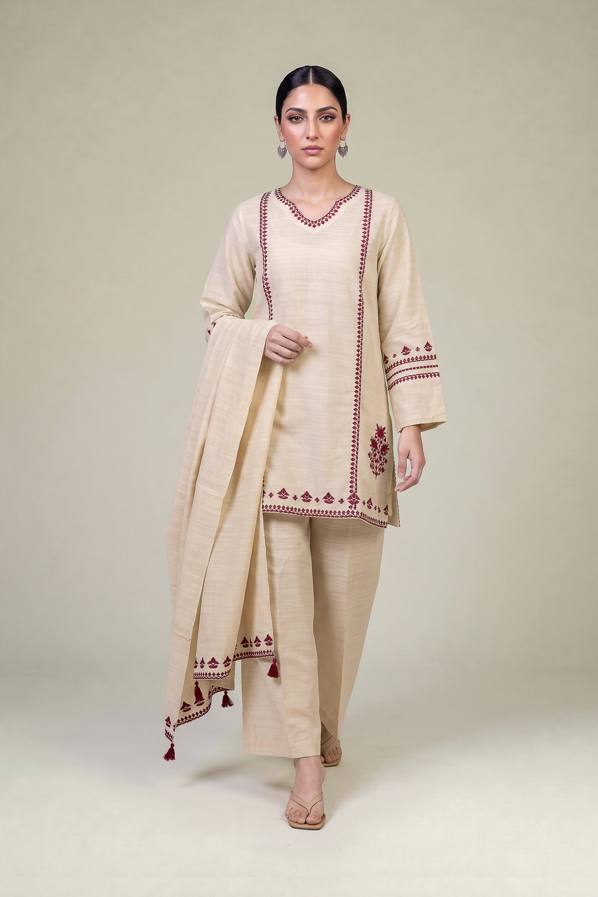 Embroidered Light Khaddar Floral Beige Dupatta - 1-26-457-A-C1-VG