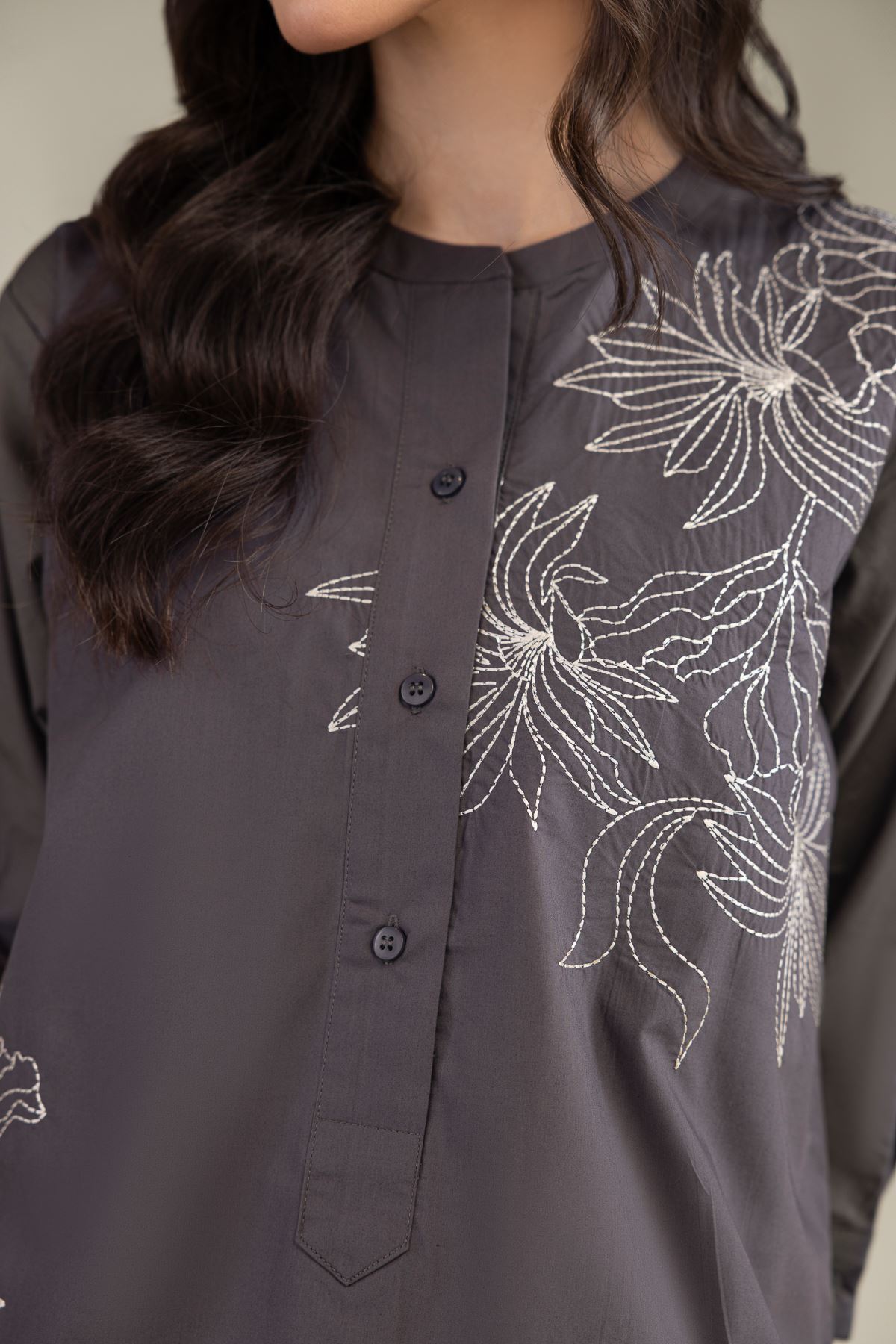Embroidered Poplin Gray Poplin Shirt - 1-26-229-B-F1-VG