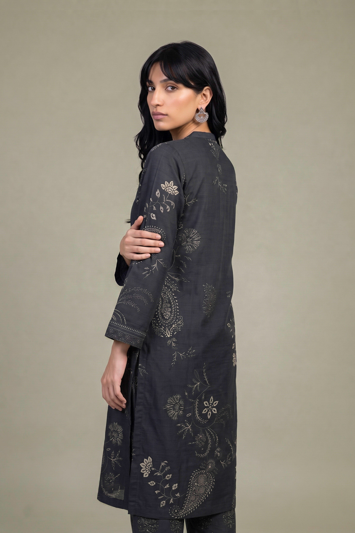 Printed Light Khaddar Black V-Neck Kurta - 2-26-403-A-E1-VG