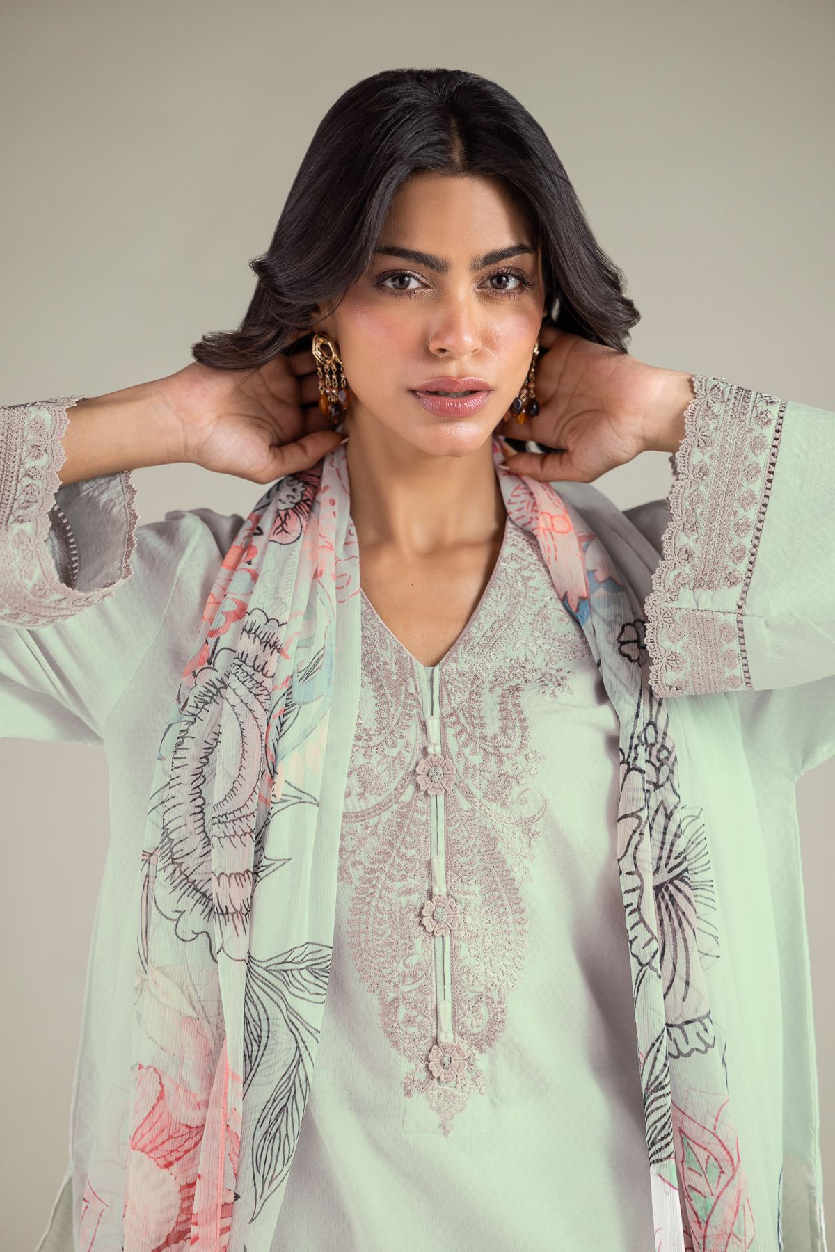 Embroidered Cotton Dobby 3-Piece Tailored Set - 2-26-201-A-C-VG