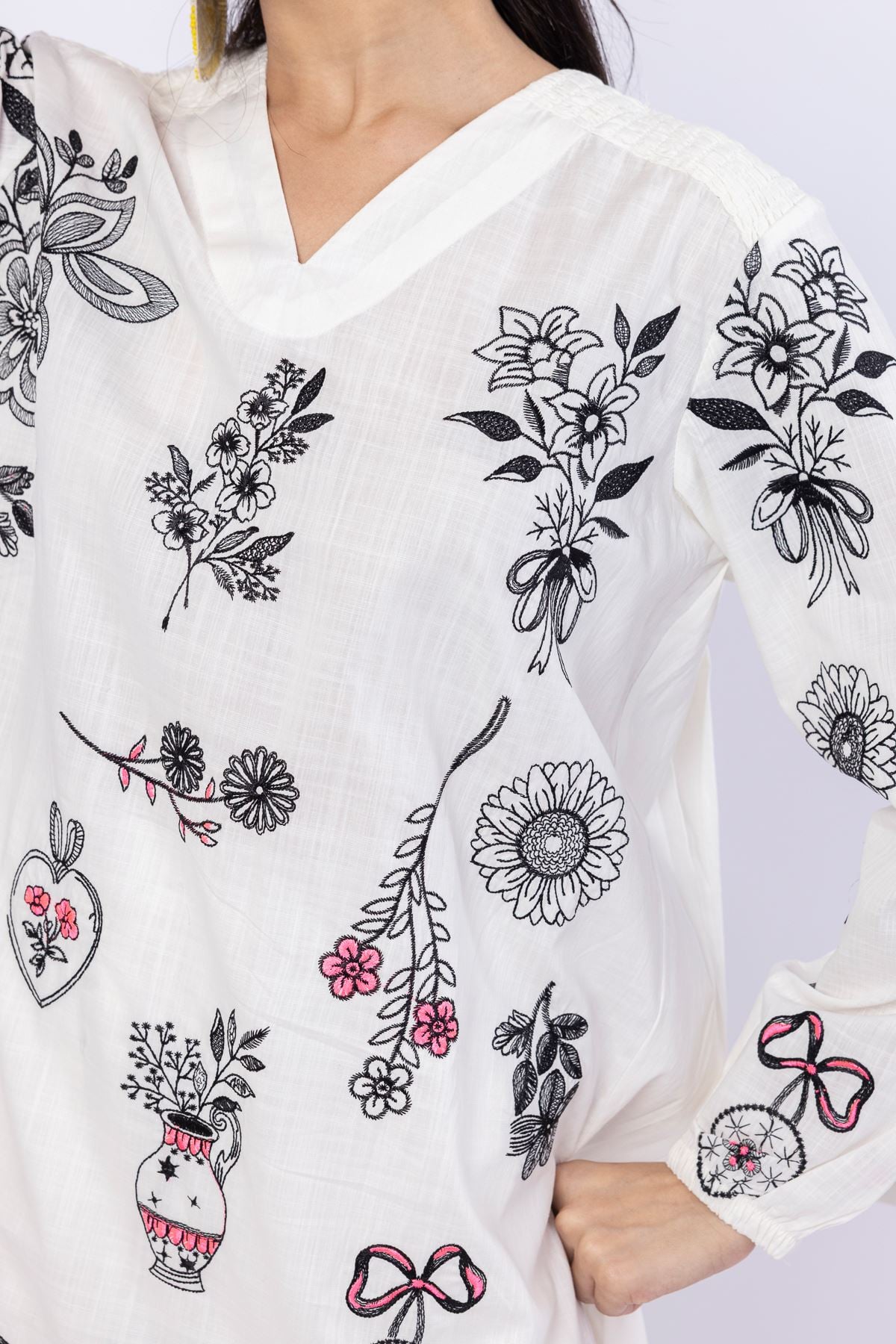 Embroidered Crosshatch Poplin Kurta - 25-04E43-01TB-VG