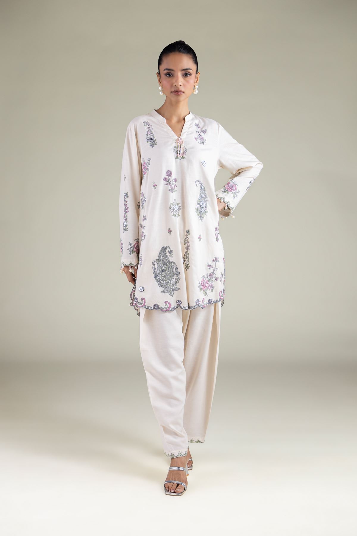 Embroidered Raw Silk Paisley Pearl Kurta - 2-26-105-A-D-VG