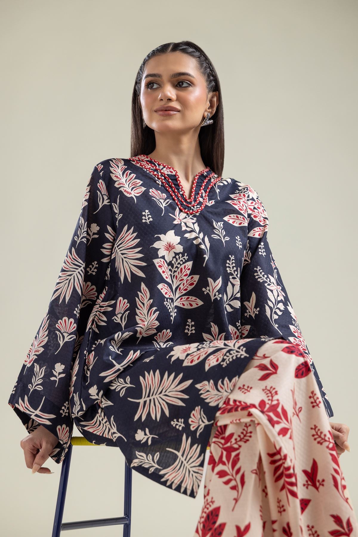 Printed Cotton Dobby V-Neck Navy Kurta - 1-26-204-A-H1-VG